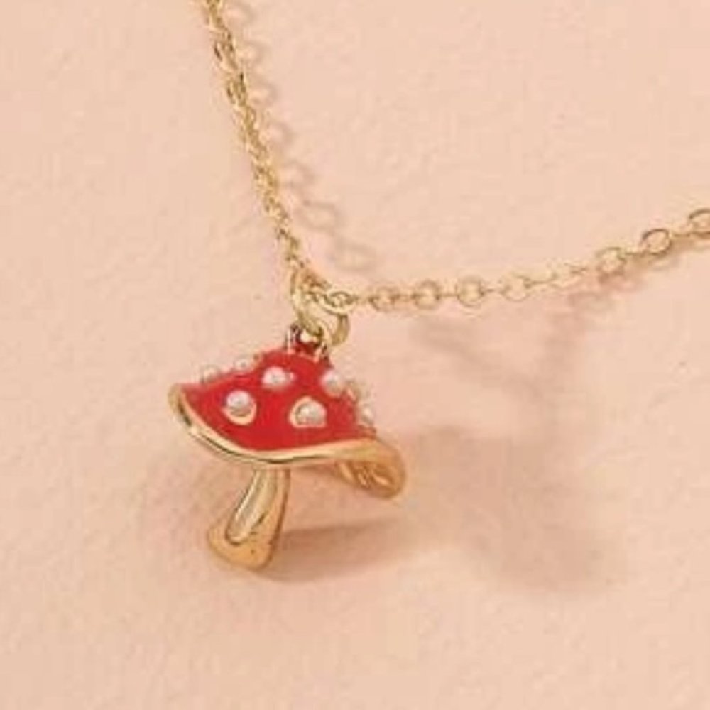 Dainty gold chain red mushroom necklace